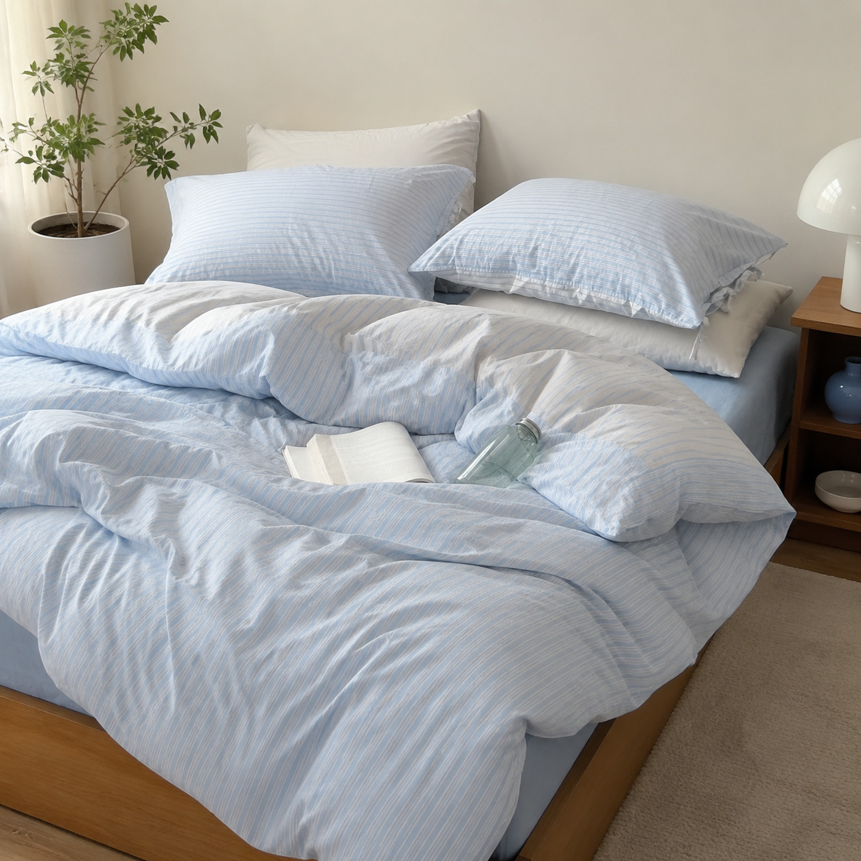 Juego de ropa de cama de algodón lavado a rayas azules y blancas en un dormitorio luminoso.