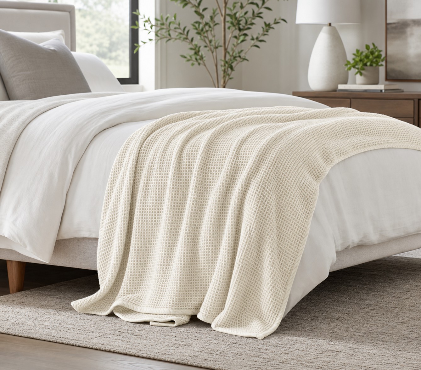 Khaki waffle weave cotton blanket styled on a bed