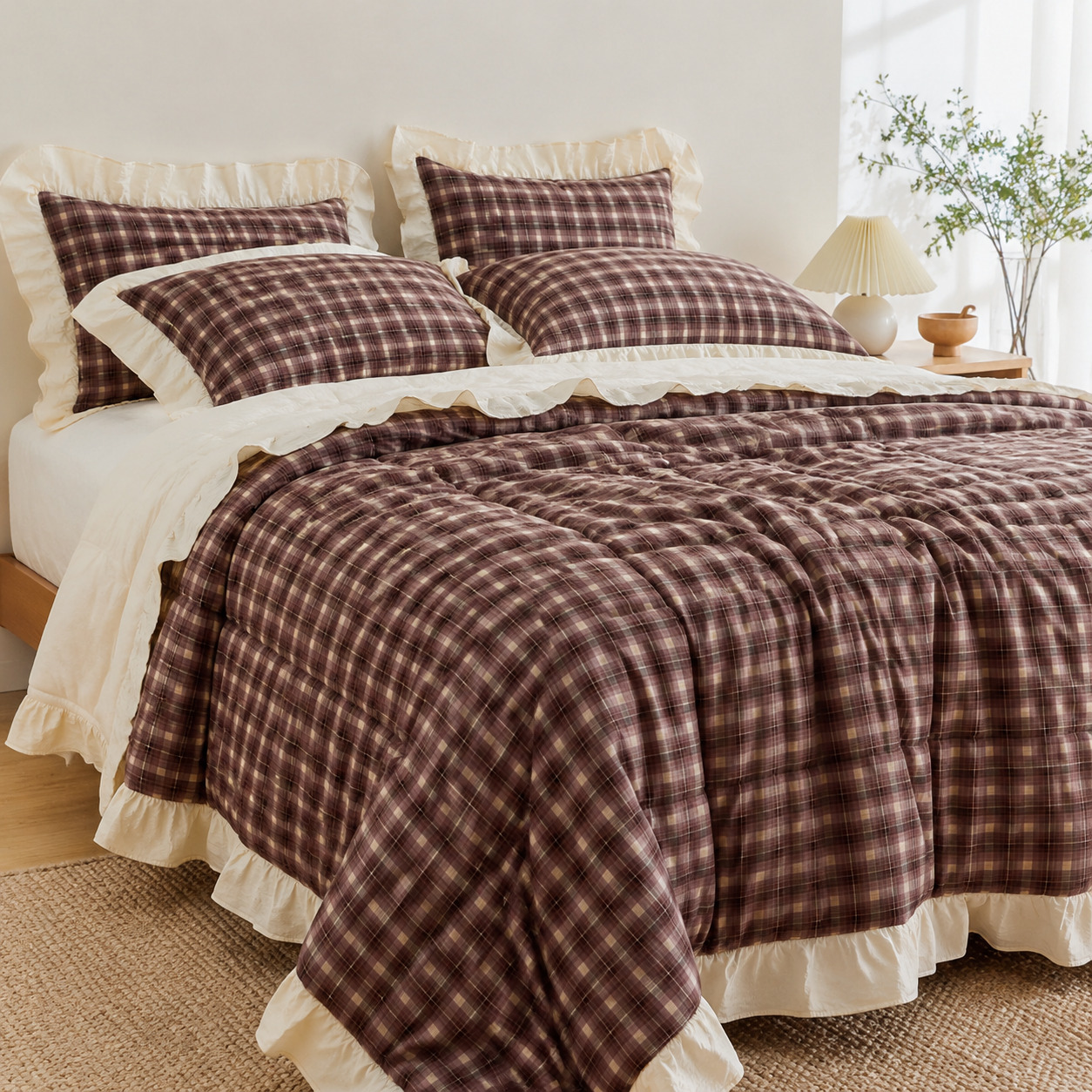 Juego de cama de algodón lavado con estampado de cuadros vichy marrón y ribete de volantes color crema en un dormitorio