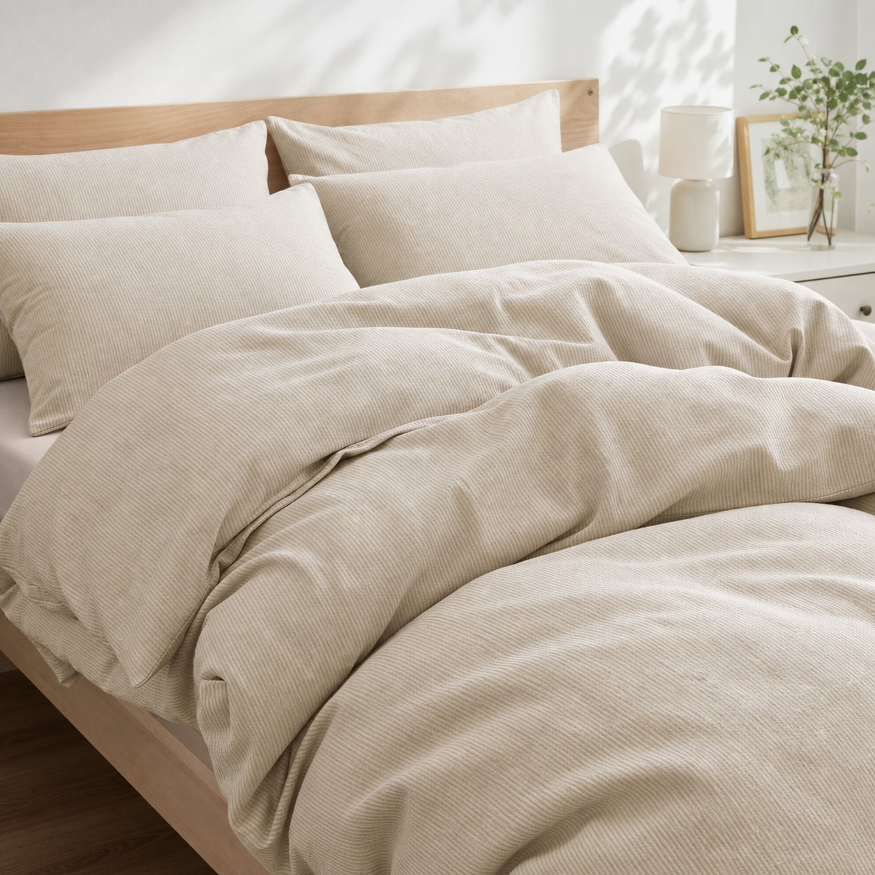 Ivory cotton narrow-stripe bedding on a bed