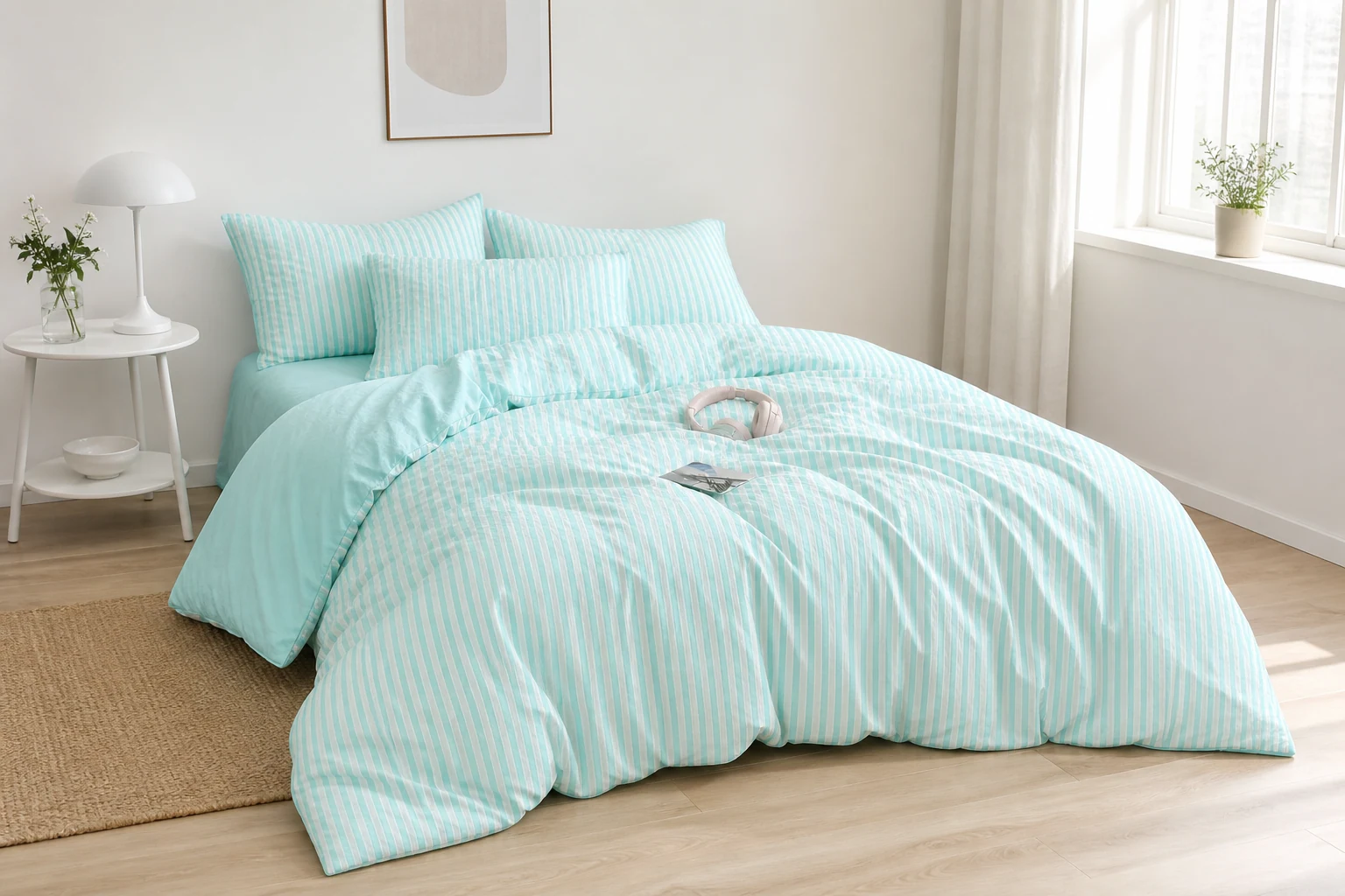 Lifestyle scene of Refresh Jacquard Striped Bedding Set in a bedroom