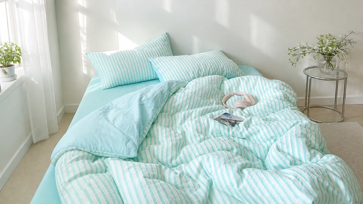 Refresh Jacquard Striped Bedding Set styled in a bright bedroom