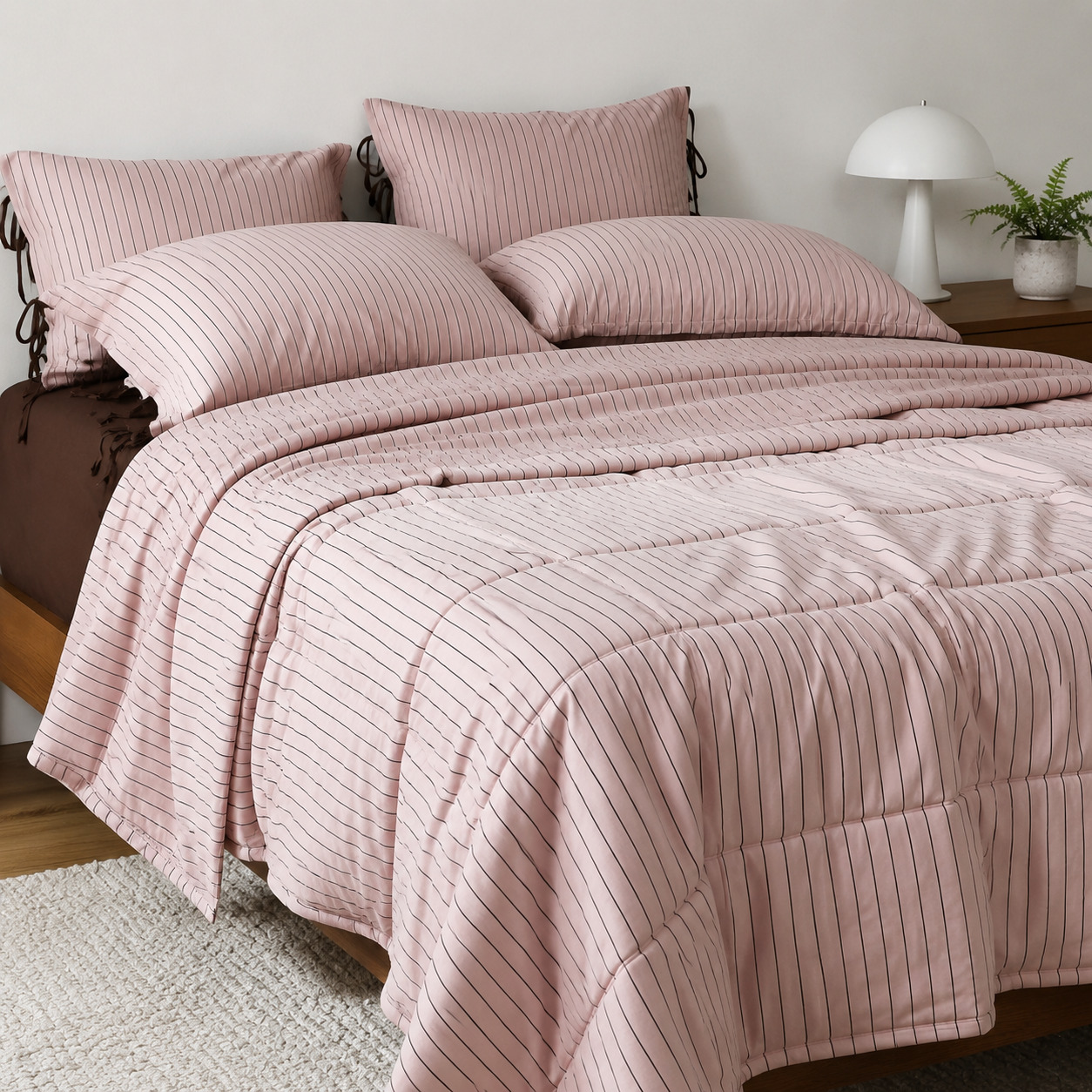 Nama Chocolate striped cotton bedding set styled on a bed