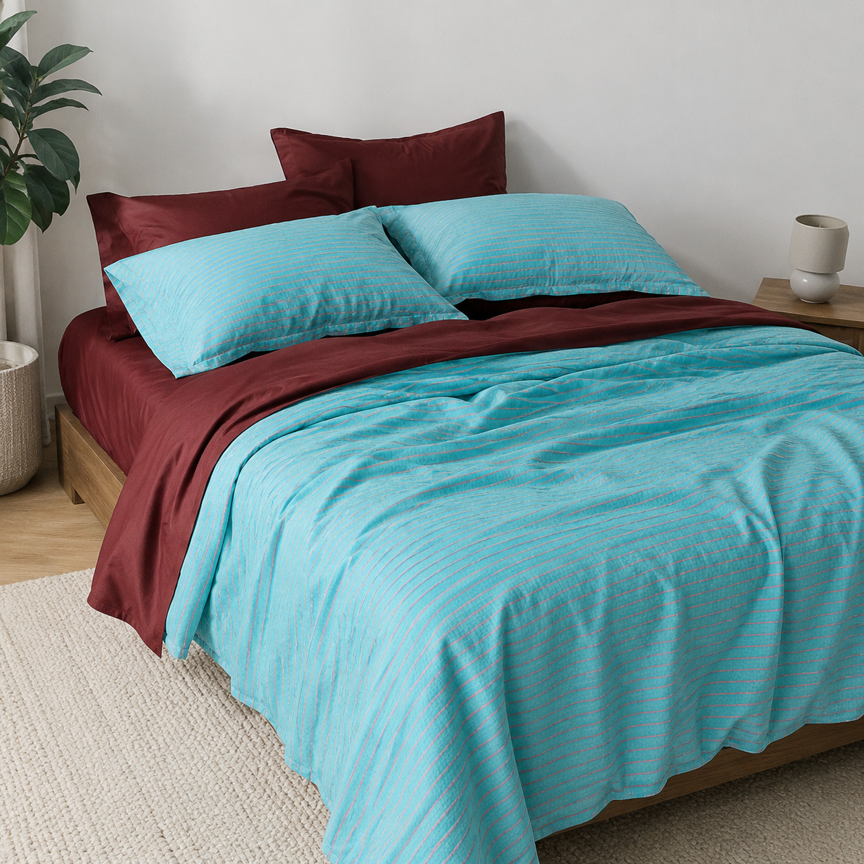 Blue striped cotton duvet cover set in a styled bedroom with deep brown sheets