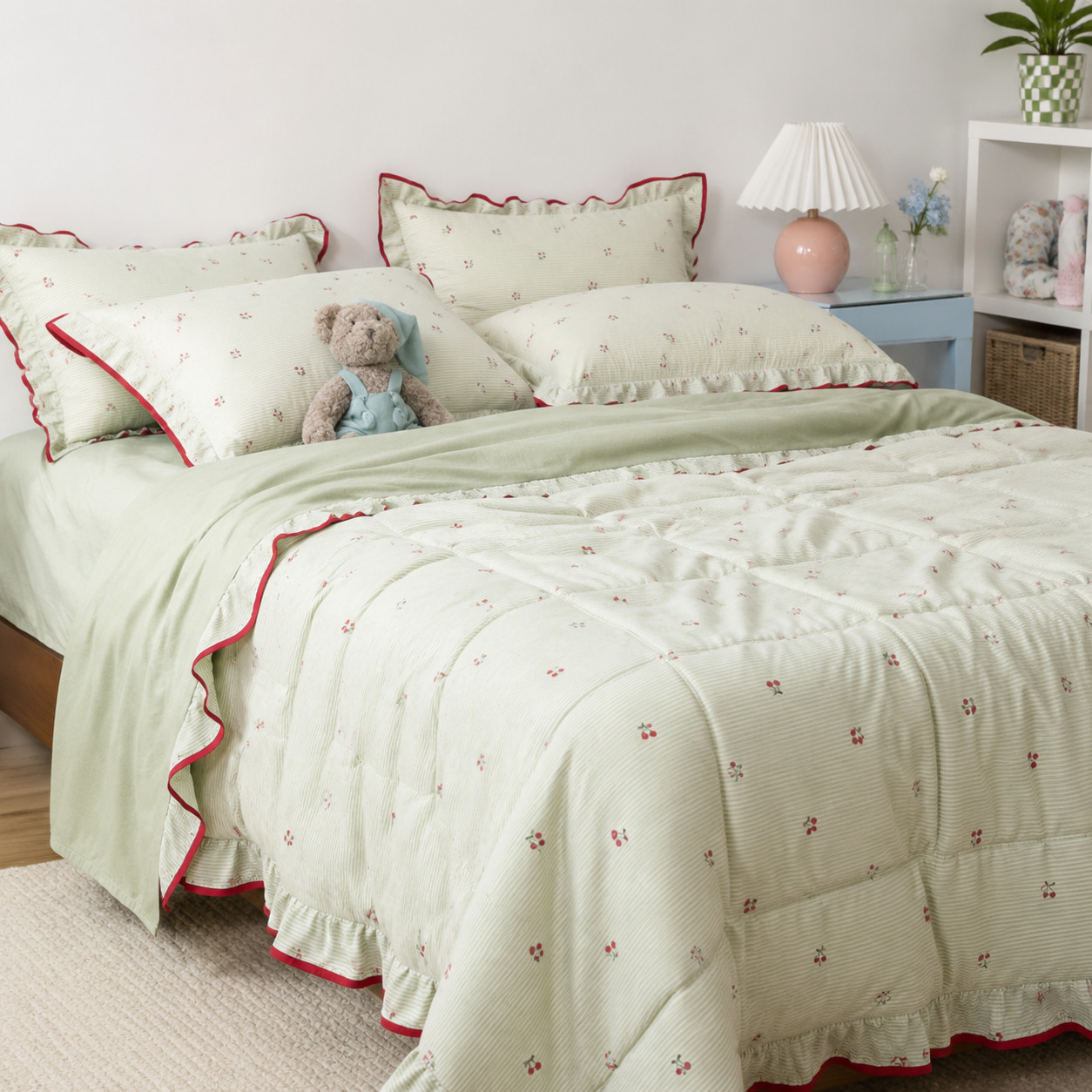 Green cherry-pattern washed cotton bedding with ruffle edges in a bedroom