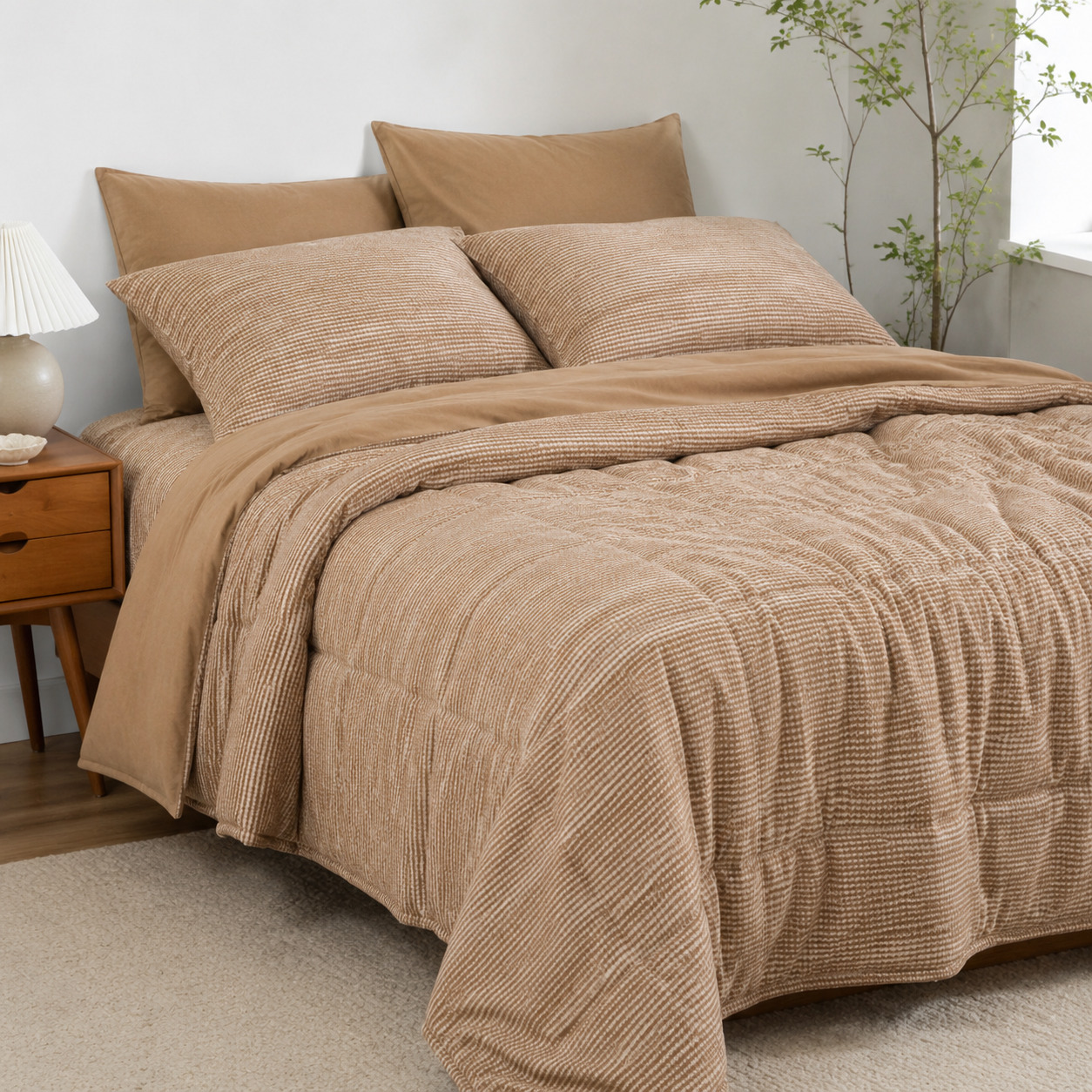 Brown houndstooth jacquard cotton duvet cover styled on a bed