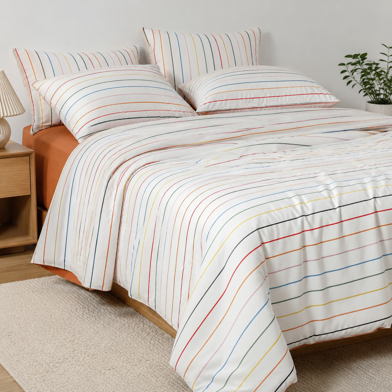 White cotton duvet cover and pillowcases with colorful stripes on a bed